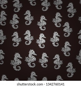 Abstract seamless pattern for boys, girls, clothes, wallpaper. Vector. Sea horse hippocampus watercolor illustration on brown, white and black background.