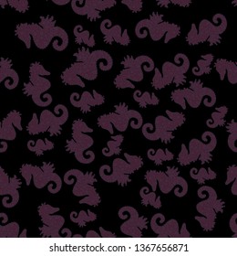 Abstract seamless pattern for boys, girls, clothes, wallpaper. Hippocampus watercolor illustration on black, brown and purple background. Vector. Fantasy nice illustration.