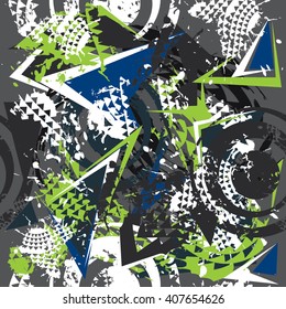 Abstract seamless pattern for boys and girls. Grunge urban  background. Chaos  geometric wallpaper with shapes, speed, drive and motion arrow and little triangle. Original style. Creative design.