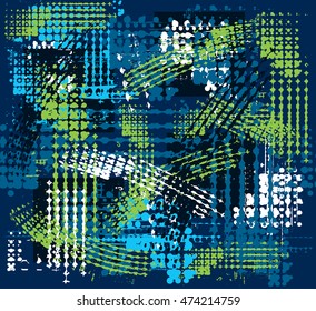 Abstract seamless pattern for boys and girls. grunge urban repeated backdrop for guys. creative design with shape, dots, ink. chaotic wallpaper in bright colors blue, green, white on dark background