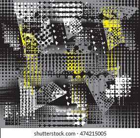 Abstract seamless pattern for boys and girls. grunge urban repeated backdrop for guys. creative design in grey, yellow, black and white colors with shape, dots, ink elements . chaotic wallpaper