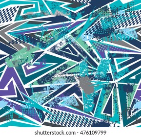 Abstract seamless pattern for boys and girls.  Grunge urban repeated backdrop with ink, shape, dots, geometric elements, squares on white background.Creative original design for sport, fashion clothes