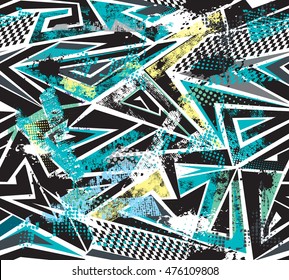 Abstract seamless pattern for boys and girls.  Grunge urban repeated backdrop with ink, shape, dots, geometric elements,squares on white background. Creative original design for sport, fashion clothes