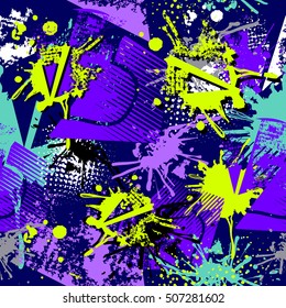 Abstract seamless pattern for boys, girls, sport, fashion clothes. textured chaotic repeated backdrop with triangle elements, spray paint in bright neon colors on purple background. teenagers wallpaper