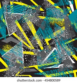 Abstract seamless pattern for boys. Grunge urban modern geometric background for guys. Chaotic wallpaper for girl. Repeated backdrop for fashion, sport clothes in yellow, blue, black and white colors