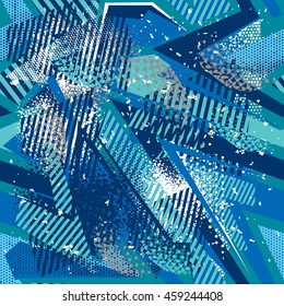 Abstract seamless pattern for boys. Textured grunge urban wallpaper in  blue monochrome colors with geometric line, triangles, shape elements. Modern background for guys, sport clothes.