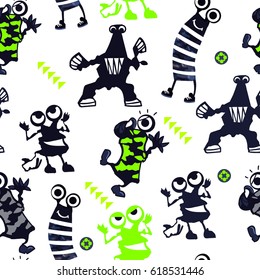 Abstract seamless pattern for boys, wrapping paper, textile. Childish repeated backdrop with monsters. Set of doodle character