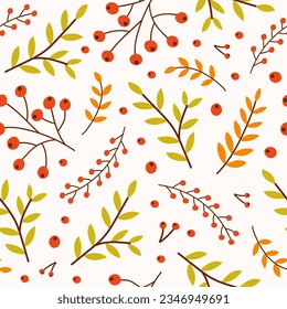 Abstract seamless pattern with branches berries and leaves on a white background . Seasonal design for textile, prints, wrapping paper. Vector illustration