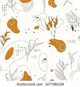 Abstract seamless pattern with branches of leaves and plants, lines and round shapes. Delicate skin color, pink, beige and brown.