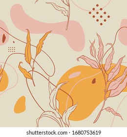 Abstract seamless pattern with branches of leaves and plants, lines and round shapes. Delicate pink, terracotta, beige and mustard colors.