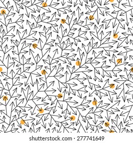 Abstract seamless pattern with branching black arrows and small orange circles on white background 