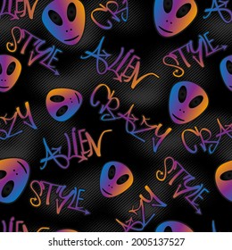 Abstract seamless pattern with bright aliens, graffiti text.