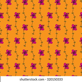 Abstract seamless pattern with bright cartoon drawing flowers on orange background. Vector illustration