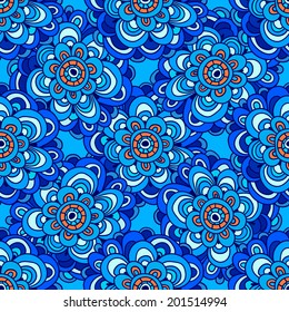 Abstract seamless pattern. Bright, cheerful colored circles on a blue background. Painted hands. Vector. 