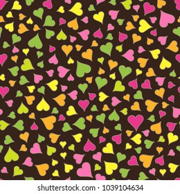 Abstract Seamless Pattern of Bright Colored Hearts on Dark Brown Backdrop. Continuous Romantic Background for Cloth, Fabric, Textile, Tissue, Pack Paper, Wrapping Paper.