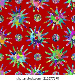Abstract seamless pattern. Bright colored blots and circles on a red background, vector 