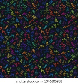 Abstract Seamless Pattern of Bright Colorful Angular Lines Scribbles on Dark Backdrop. Continuous Simple Background of Linear Silhouettes. Minimal Concept.