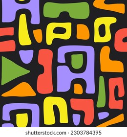 Abstract seamless pattern with bright colorful organic cut out shapes on a black background. Trendy vector collage.
