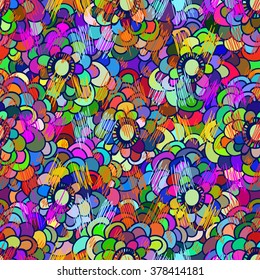 Abstract seamless pattern. Bright, colorful flowers, strips, strokes and dashes, vector.