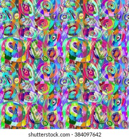 Abstract seamless pattern. Bright, colorful shapes, strips, strokes and dashes. Vector, hand drawn background. For the design and decoration background, wallpaper, packaging, fabrics, textiles.