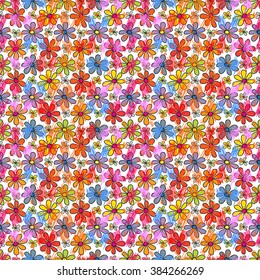 Abstract seamless pattern. Bright, colorful flowers, strips, strokes and dashes, hand drawn background, vector. For the design and decoration background, wallpaper, packaging, fabrics, textiles.