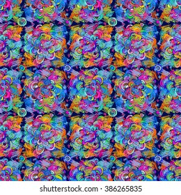 Abstract seamless pattern. Bright, colorful flowers, strips, strokes and dashes, vector, hand drawn background.
