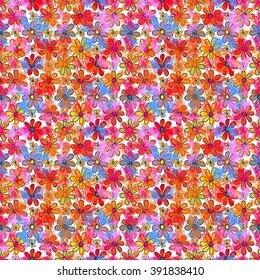 Abstract seamless pattern. Bright, colorful flowers, strips, strokes and dashes, hand drawn background, vector. For the design and decoration background, wallpaper, packaging, fabrics, textiles.