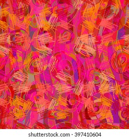 Abstract seamless pattern. Bright, colorful shapes, strips, strokes and dashes. Vector, hand drawn background.