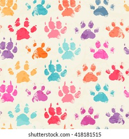 Abstract seamless pattern - bright colorful ink prints with messy dog paws. 