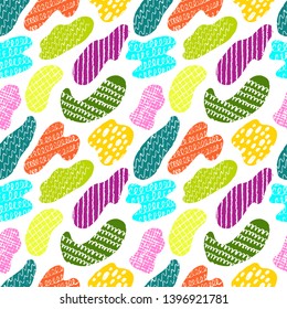 Abstract seamless pattern in bright colors. Shapes with hand drawn textures. Design template for fabric, textile, wallpaper, wrapping. Vector illustration.