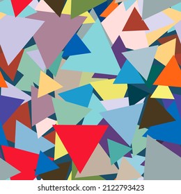 Abstract Seamless Pattern Of Bright Equilateral Triangles Randomly. Geometric Colorful Triangle Texture For Celebratory Design. Perfect Fit For Invitations, Cover, Wallpaper, Card, Web Design. Vector