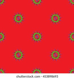 Abstract seamless pattern with bright fractal mandala on a red background