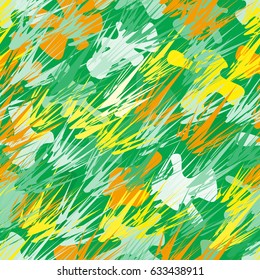 Abstract seamless pattern with bright geometrical shapes. Splash and spots. Fresh colorful texture for poster, wrap, card, textile. Green, yellow, orange colors.