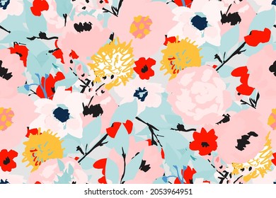 Abstract seamless pattern with bright, juicy flowers