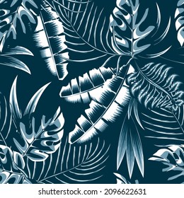 Abstract seamless pattern with bright monochromatic tropical banana palm leaves and mostera plants foliage on night background. Vector design. Jungle print. Floral background. Exotic summer design