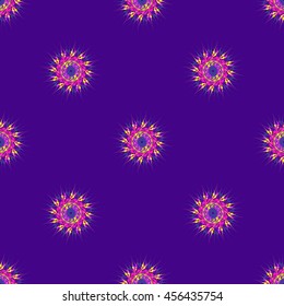 Abstract seamless pattern with bright multibeam fractal mandala on a deep violet background