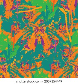 Abstract seamless pattern with bright multicolored paint spots and butterflies. Crazy watercolor vector background in grunge style. Suitable for design of Wallpaper, wrapping paper or fabric