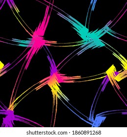 Abstract seamless pattern with bright neon brush track on black background. Colorful splashes lines repeat print.