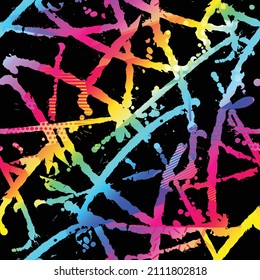 Abstract seamless pattern with bright neon brush track on black background. Colorful splashes lines repeat print for kids, textile and more