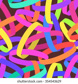 Abstract seamless pattern with bright neon colorful pink, blue, orange, violet, yellow intersecting chain rings. Dark brown seamless background with a bunch of falling multicolor 3d linked rings.