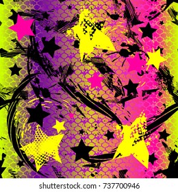 Abstractas patrón sin fisuras en colores brillantes de neón con estrellas, Elementos texturizados, Web.  Divertido Fondo de pantalla colorido. Grunge urbano repetido telón de fondo para niños, niñas, textiles, papel de regalo
