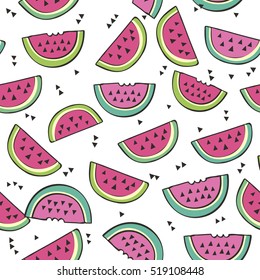 Abstract Seamless pattern with bright pink watermelons on white background. Repeated backdrop for textile fabric design, wrapping paper and website wallpapers. Creative modern design for girls.