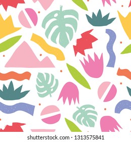 Abstract seamless pattern with bright shapes or signs and leaves on a white background. Modern colorful vector illustration in flat style for wrapping paper, wallpaper, background.