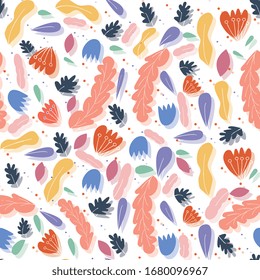 Abstract seamless pattern with bright shapes or signs and leaves on a white background. Modern colorful vector illustration in flat style for wrapping paper, wallpaper, background.