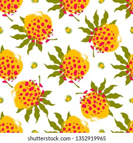 Abstract seamless pattern. Bright tropical pattern. Leaves, circles, strokes, vector illustration.