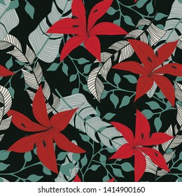 Abstract seamless pattern with bright tropical plants and flowers on black background. Vector design. Jungle print. Textiles and printing. Floral background.