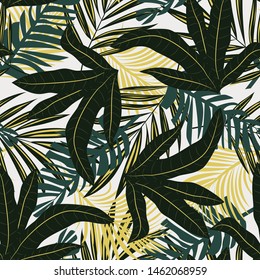 Abstract seamless pattern with bright tropical leaves and plants on a delicate background. Vector design. Jungle print. Floral background. Printing and textiles. Exotic tropics. Summer design.
