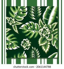 Resumen de un patrón impecable con hojas tropicales brillantes y plantas sobre fondo verde oscuro. hojas de plátano verde con diseño de vectores de plantas botánicas. Fondo de pantalla floral y de la jungla
