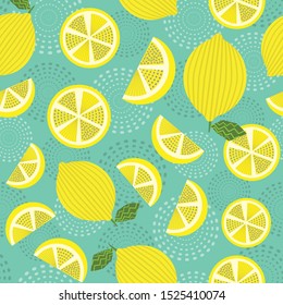 Abstract seamless pattern of bright yellow lemons with blue-green decorative dotted background. 