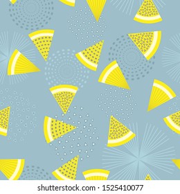 Abstract seamless pattern of bright yellow, small slices of lemons on a decorative abstract blue-grey background.
